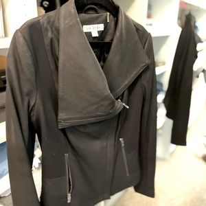 Via Spiga Asymmetrical Leather & Textile panel Jacket, size Small, black.